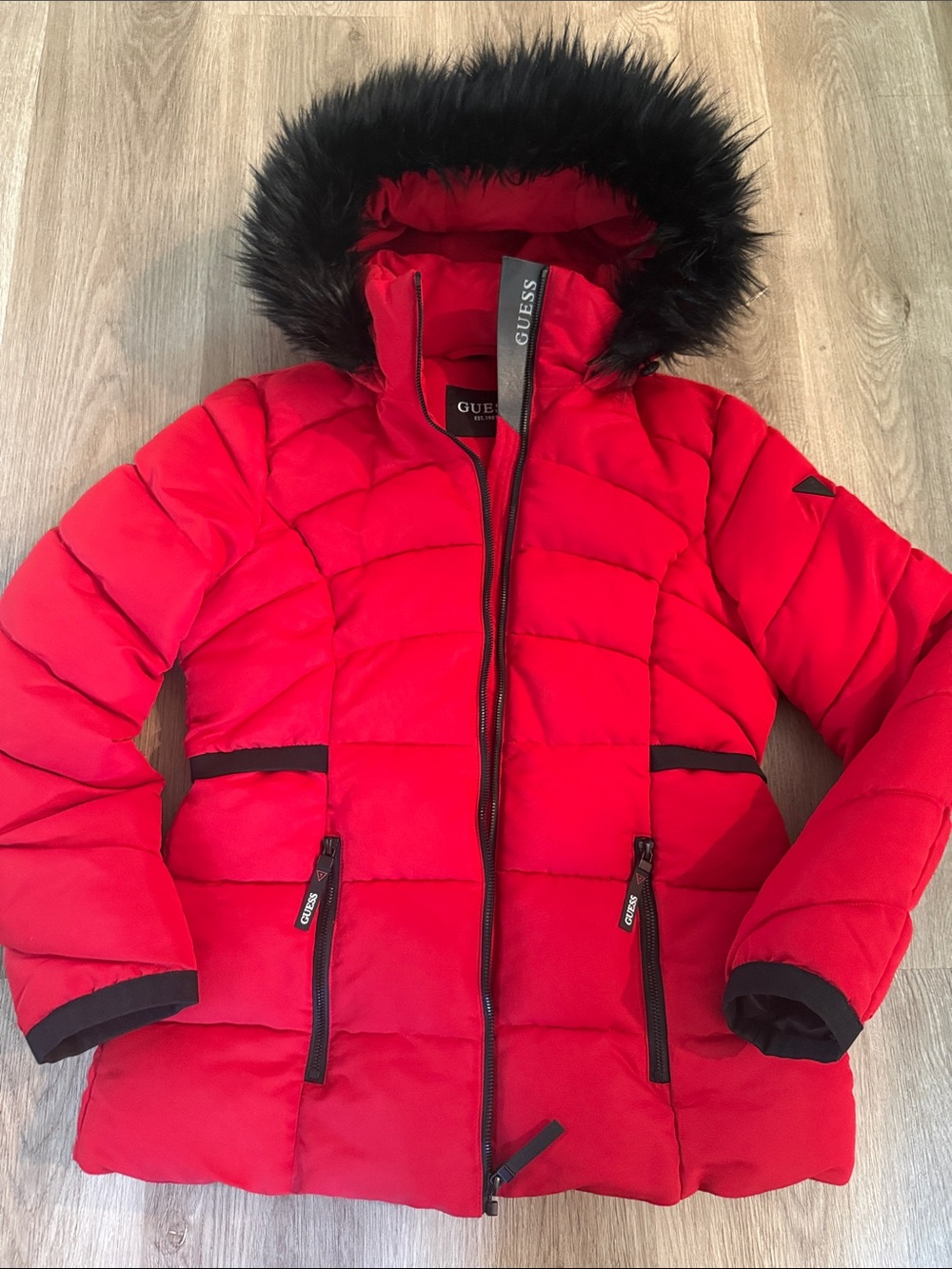 Guess Women’s Red Puffer Coat with Faux Fur Hood Medium